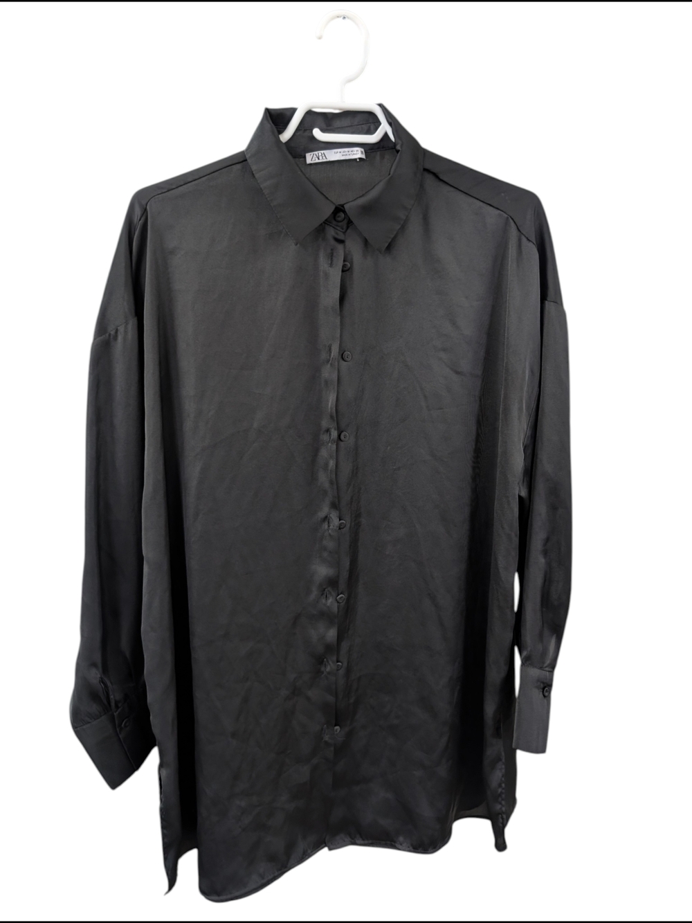 Zara Womens oversized Black Satin Button-Up Blouse Size m